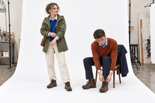 Practical Burghley outfits with cobalt and rust knits, comfortable trousers, walking boots and waterproof layers.