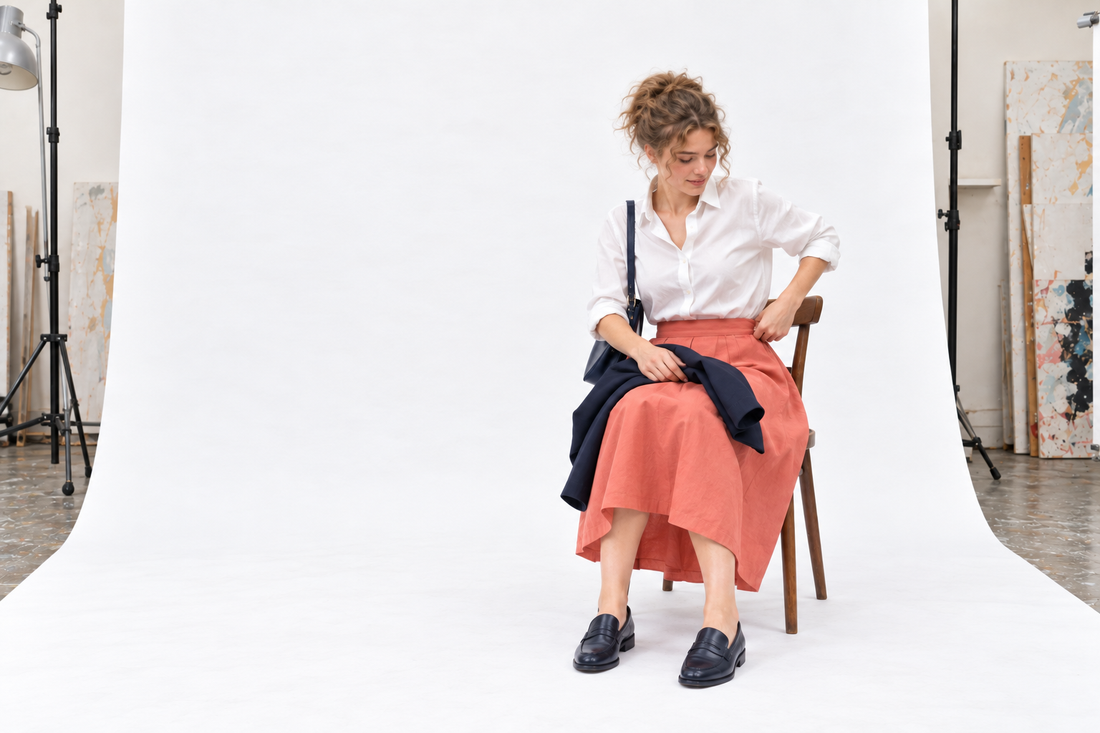 Coral midi skirt and white cotton shirt checked for comfort while seated, with dark flats and a removable jacket.