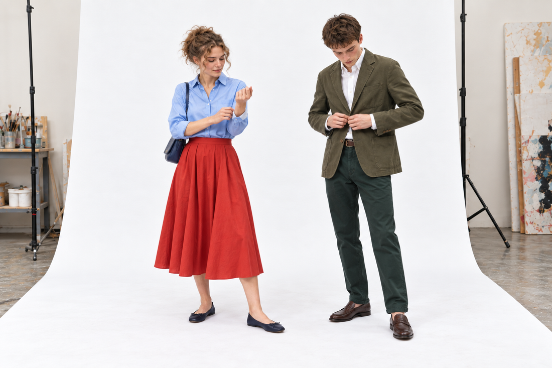 Chelsea colour combinations: tomato red with pale blue, and olive with a darker green