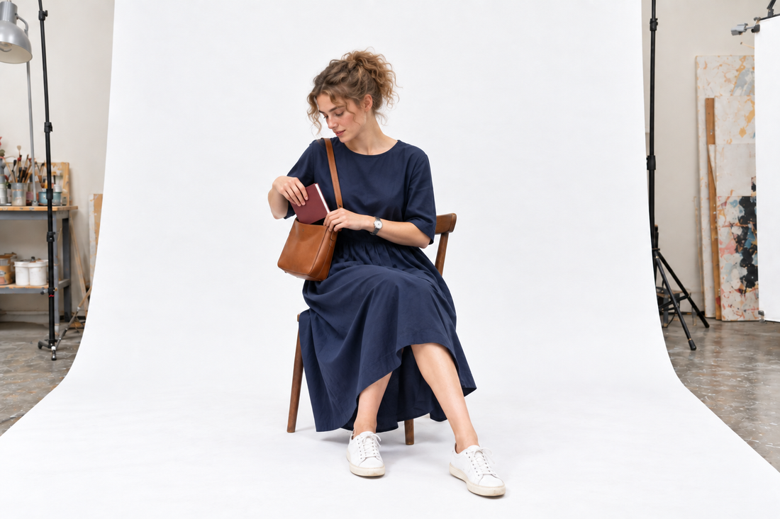 A small notebook packed into a compact shoulder bag, worn with a navy dress and white trainers