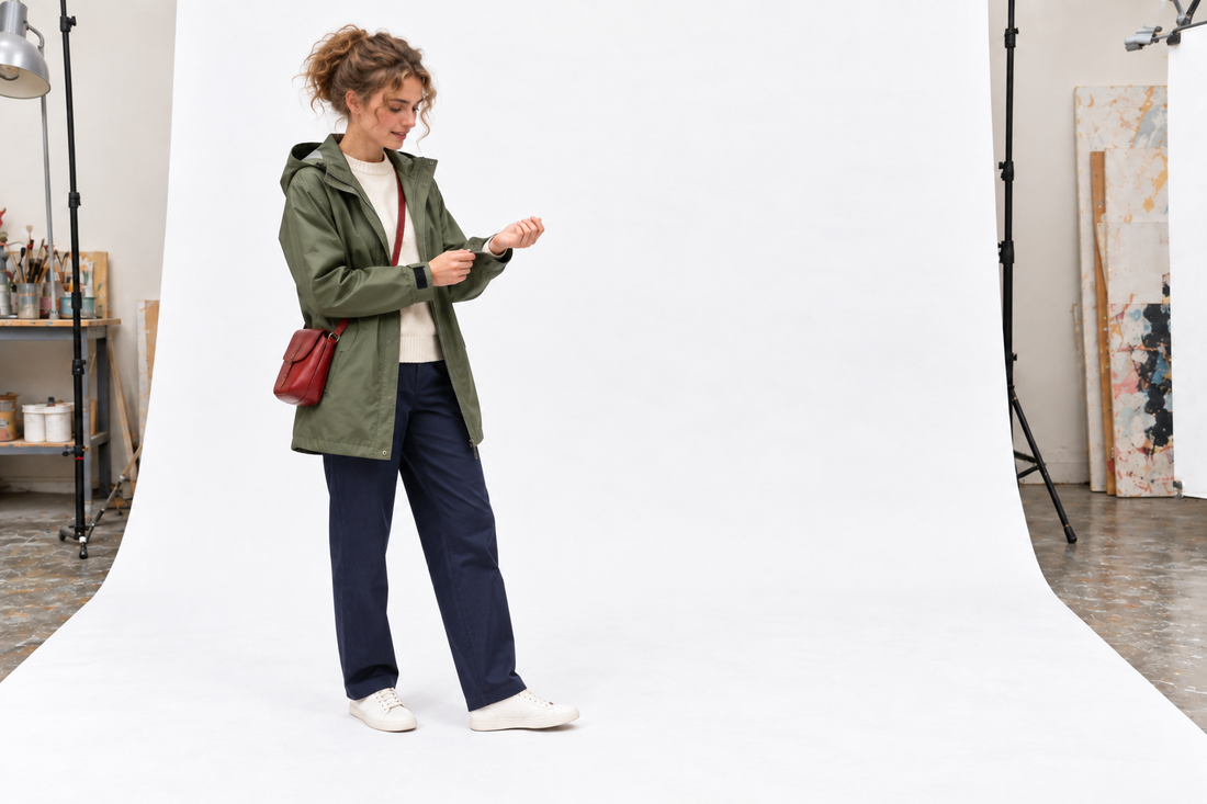 Lightweight green waterproof, navy trousers and comfortable white trainers for Chelsea Flower Show