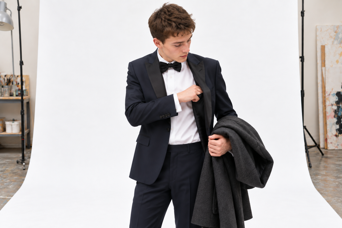 Man checking an inside pocket of a midnight-blue dinner suit while carrying a warm charcoal coat.