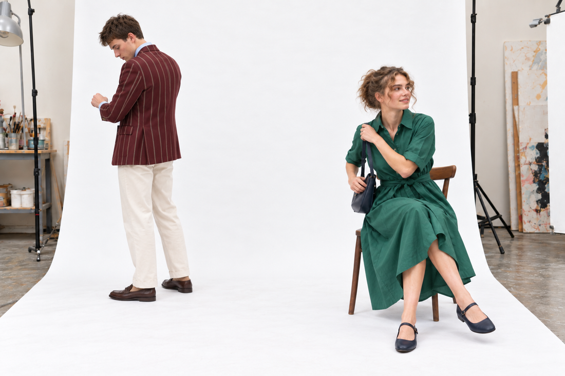 Woman seated in a green midi shirt dress and navy flats while a man checks the cuff of his burgundy striped blazer.