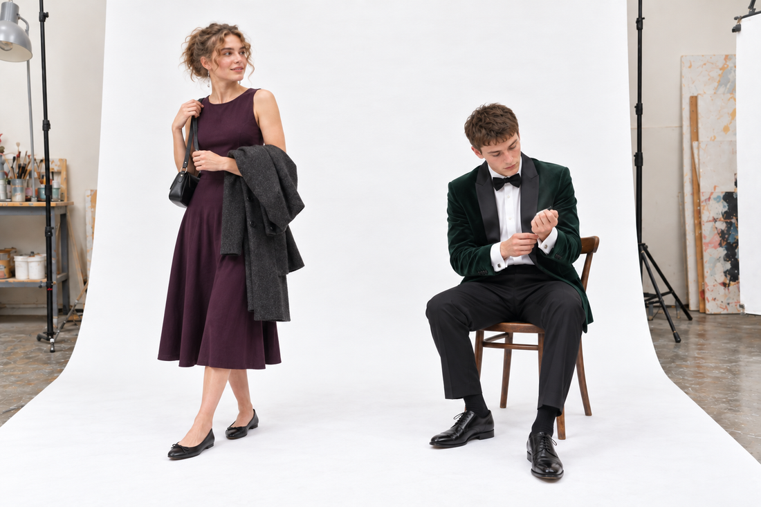 Woman checking an evening bag strap beside a seated man fastening cufflinks in a green velvet dinner jacket.
