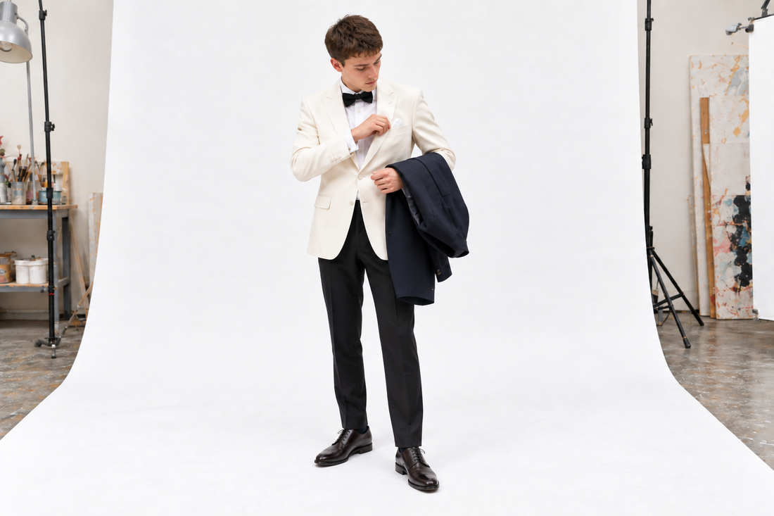Ivory dinner jacket with black formal trousers, bow tie and a navy coat for Glyndebourne Festival