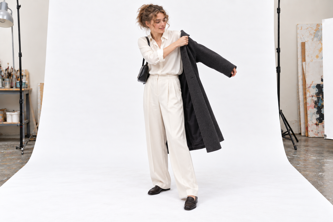 Woman putting on a warm charcoal coat over an ivory silk blouse and evening trousers.