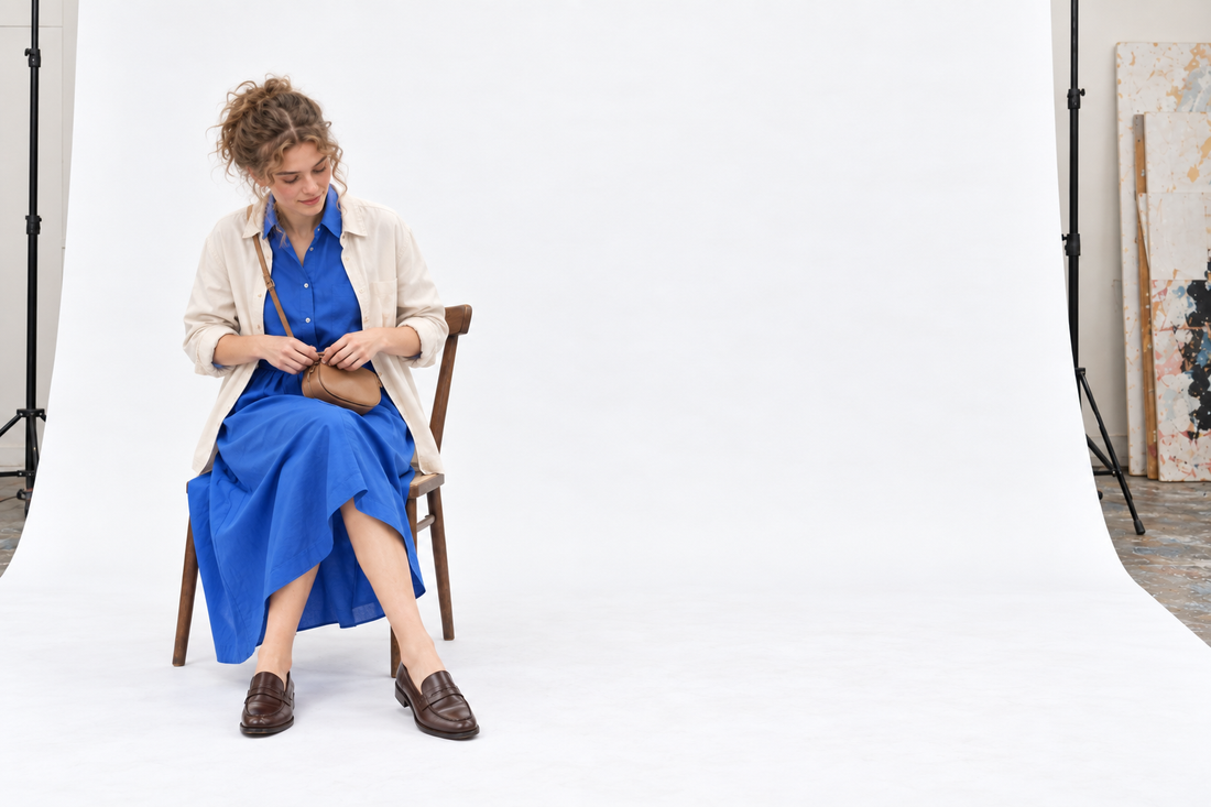 Cobalt shirt dress with a cream overshirt, brown loafers and a small crossbody bag.