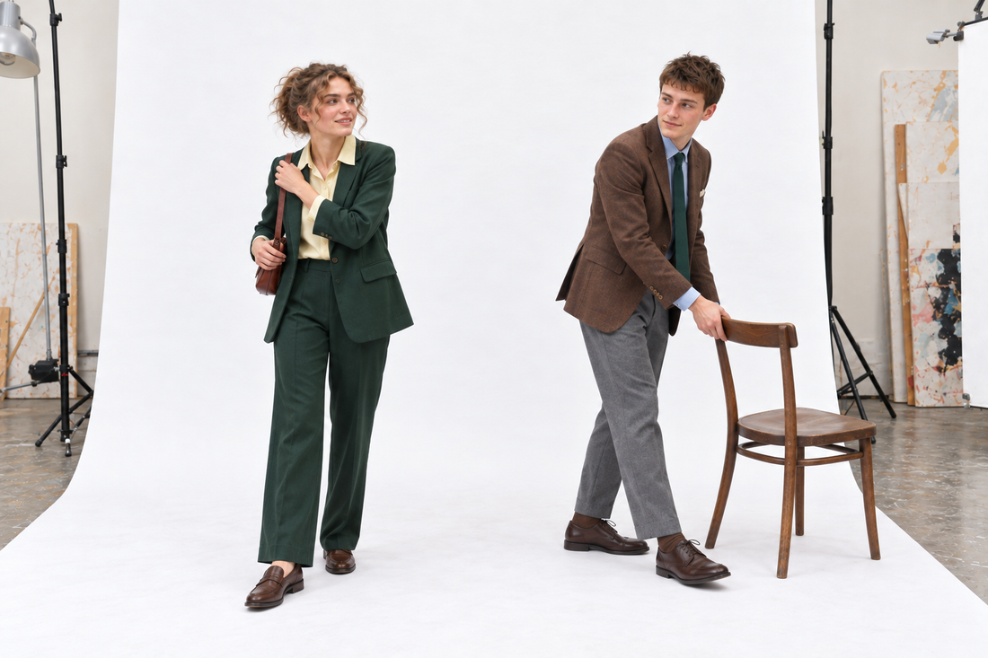 Woman checking a bag strap in a green suit and pale yellow blouse beside a man in a brown blazer moving a wooden chair.