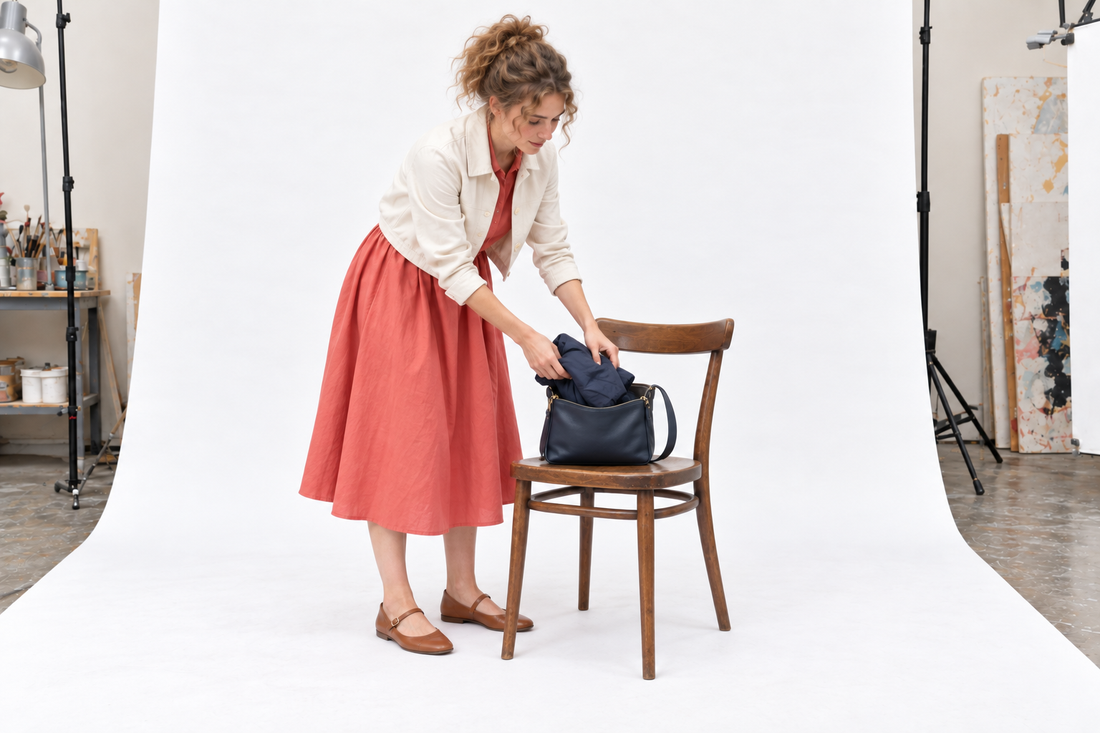 Woman placing a folded waterproof into a small navy bag, wearing a coral midi dress, cream jacket and tan flats.