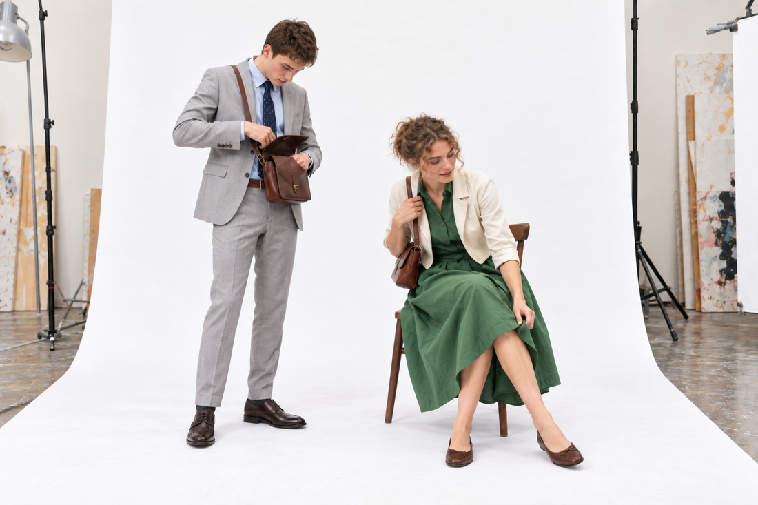 Woman checking a green dress hem beside a man in a light grey suit checking a small shoulder bag.