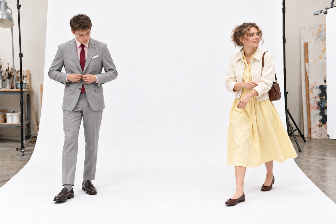 Woman in a butter-yellow midi dress and cream jacket beside a man in a light grey suit, pink shirt and burgundy tie.