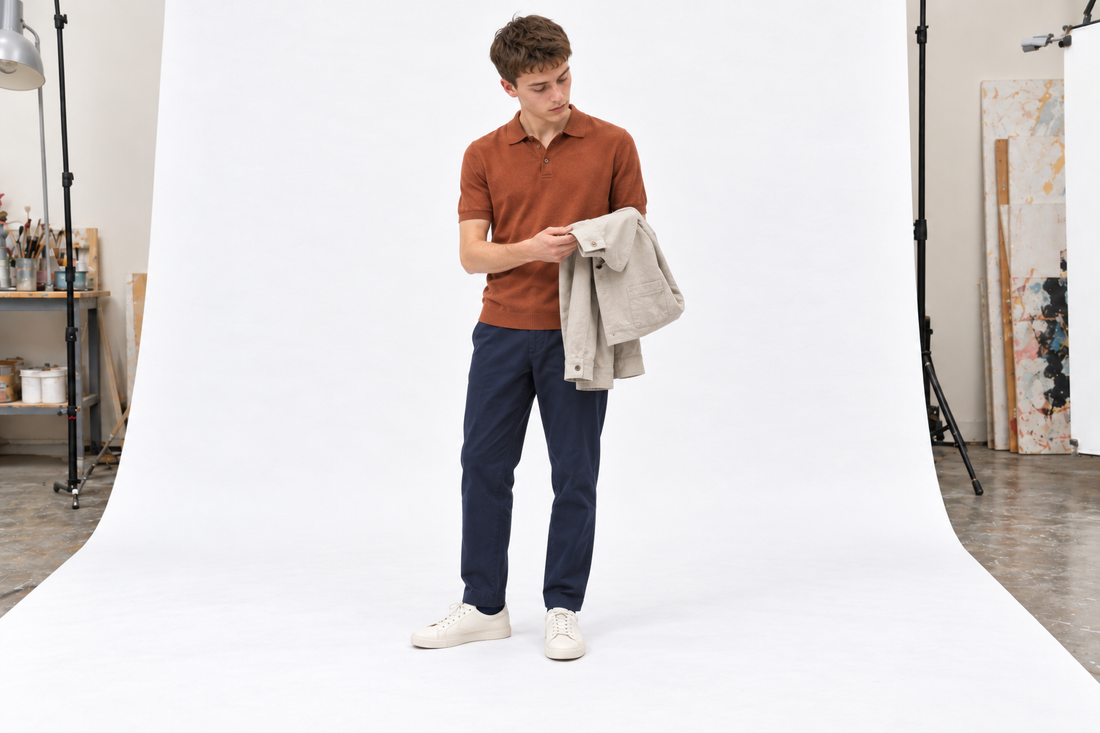 Man in a rust knitted polo, navy chinos and cream trainers checking a light overshirt.