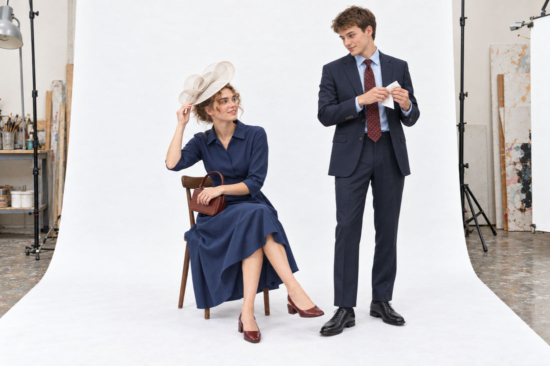 Woman checking a pale sculptural hat with a blue dress and dark red heels while a man in a navy suit and burgundy tie folds a white pocket square.