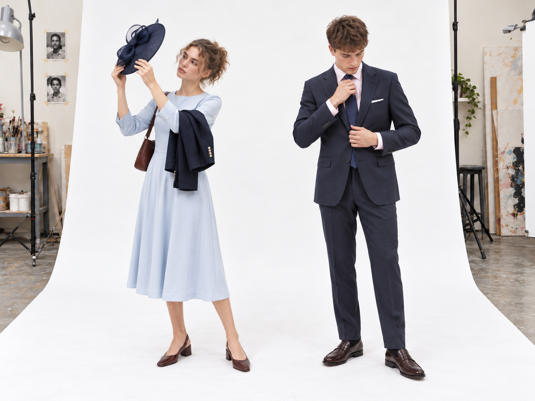 Woman checking a navy hat with a pale-blue dress beside a man adjusting his tie in a navy suit and pink shirt.