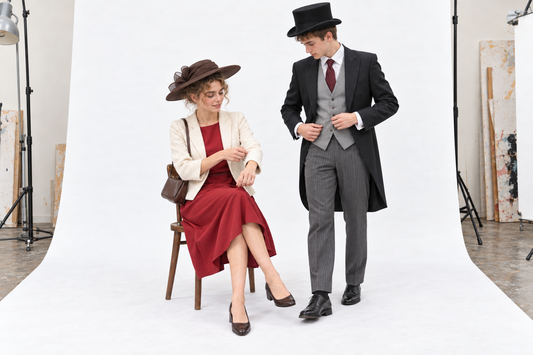 Woman checking a cream jacket over a deep red dress beside a man in complete black morning dress and a top hat.