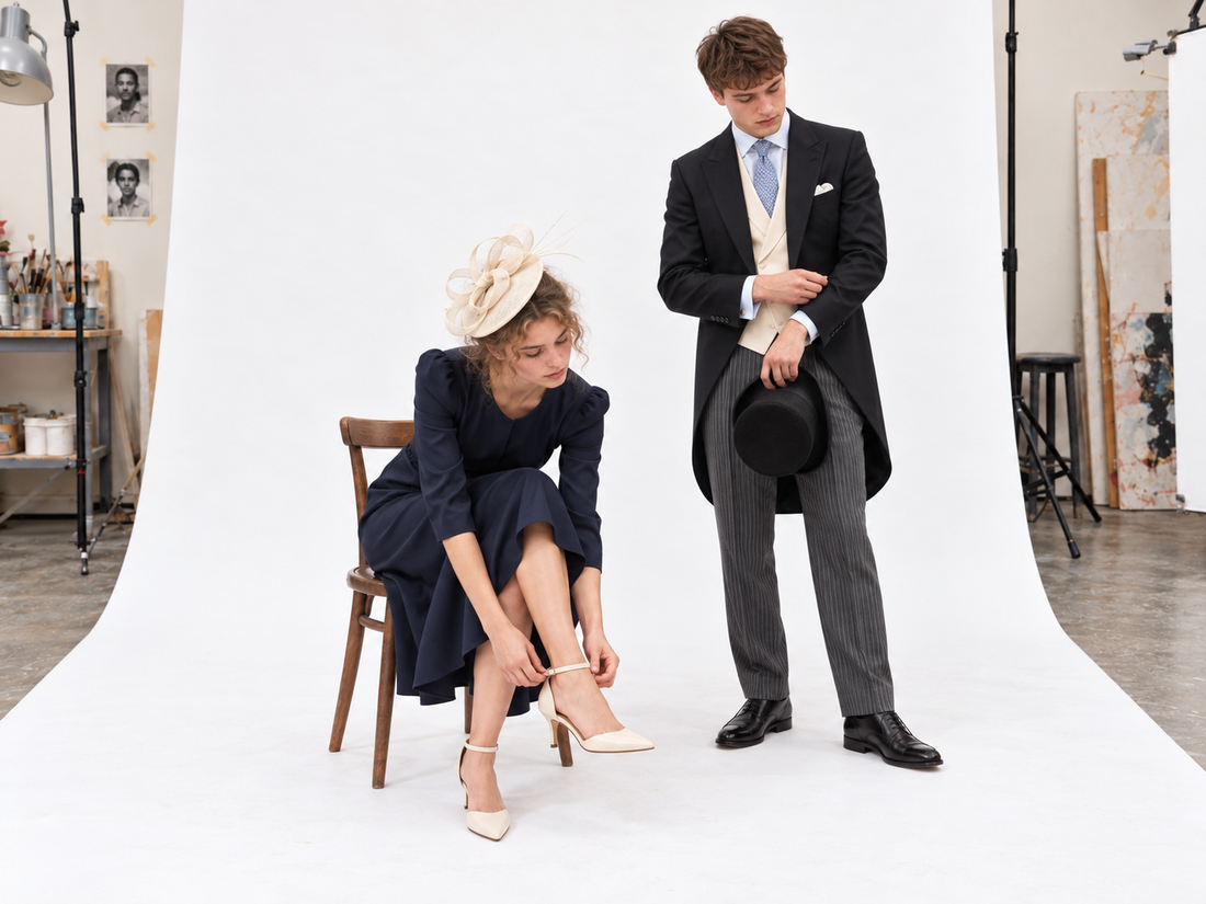 Thackray woman seated in a navy below-knee dress and cream headpiece fastening her shoe beside the Thackray man in morning dress holding a black top hat.