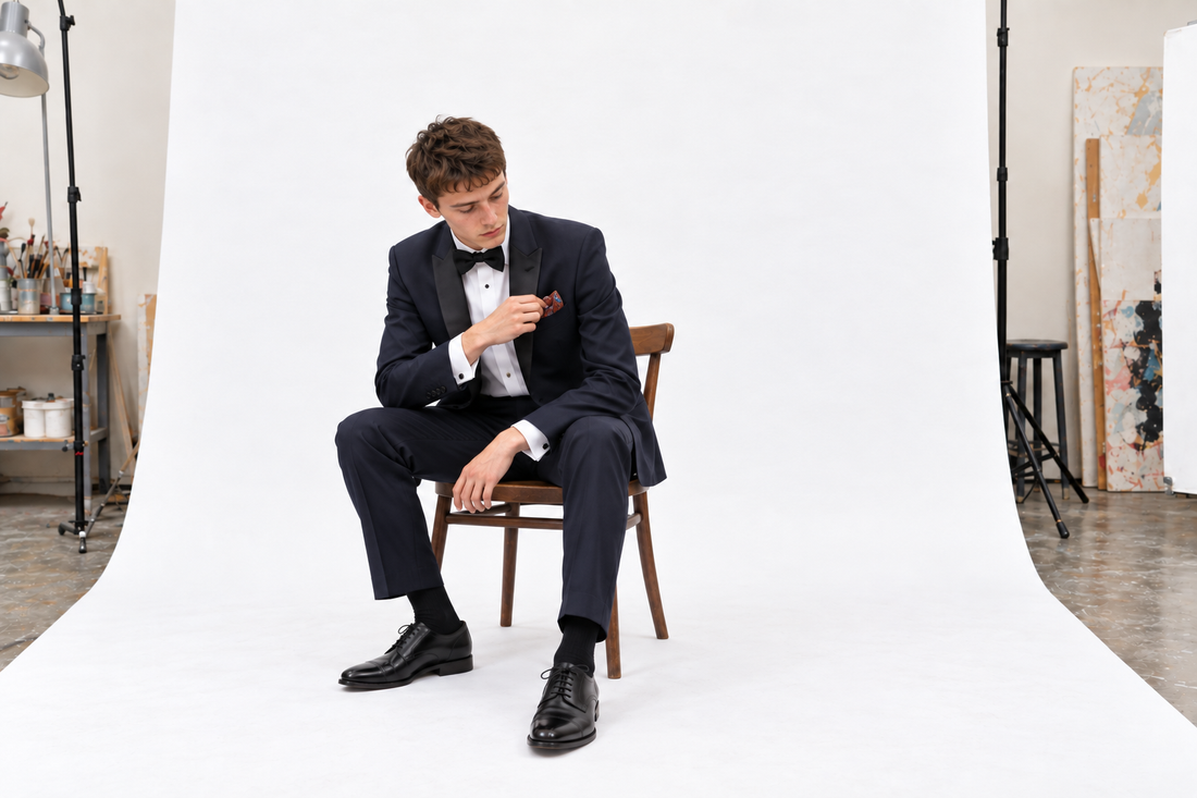 Seated man adjusting a rust-and-blue silk pocket square in a midnight-blue dinner suit with a black bow tie.
