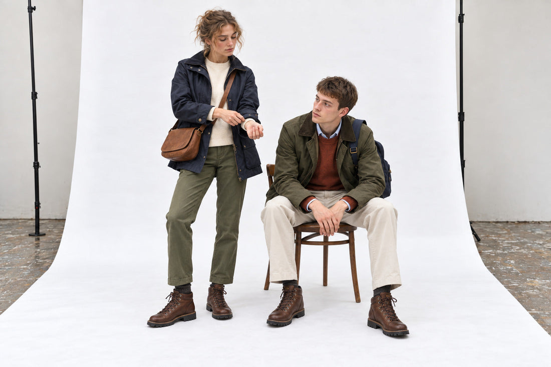 Woman in a navy field jacket and olive trousers beside a seated man in an olive jacket; both wear brown walking boots.