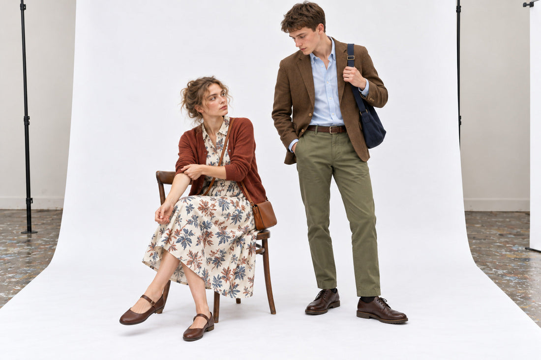 Woman in a printed cotton dress and rust cardigan beside a man in a tobacco blazer and olive chinos.