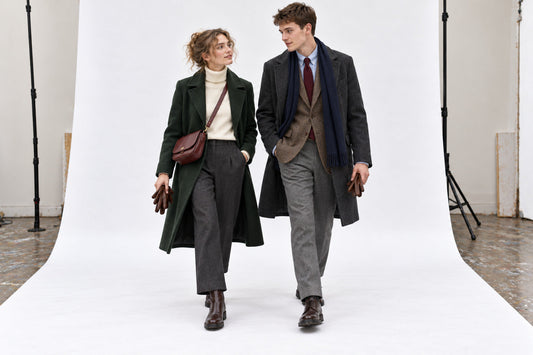 Woman in a forest-green coat and charcoal trousers walking beside a man in a charcoal coat, tweed jacket and tie.