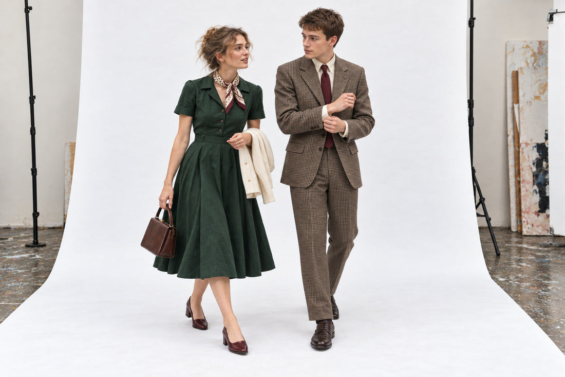 Woman in a green fifties-style dress beside a man in a brown checked suit, in the white Thackray studio.