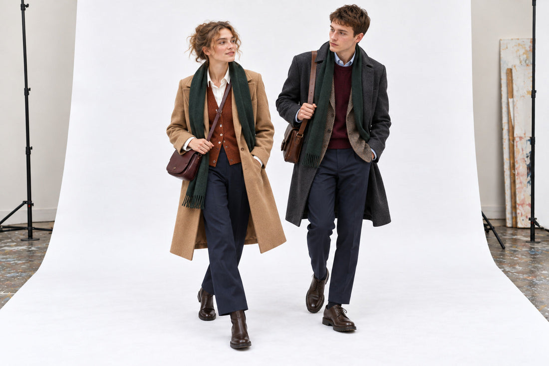 Woman in a camel coat and rust cardigan beside a man in a charcoal overcoat, tweed jacket and burgundy knit.