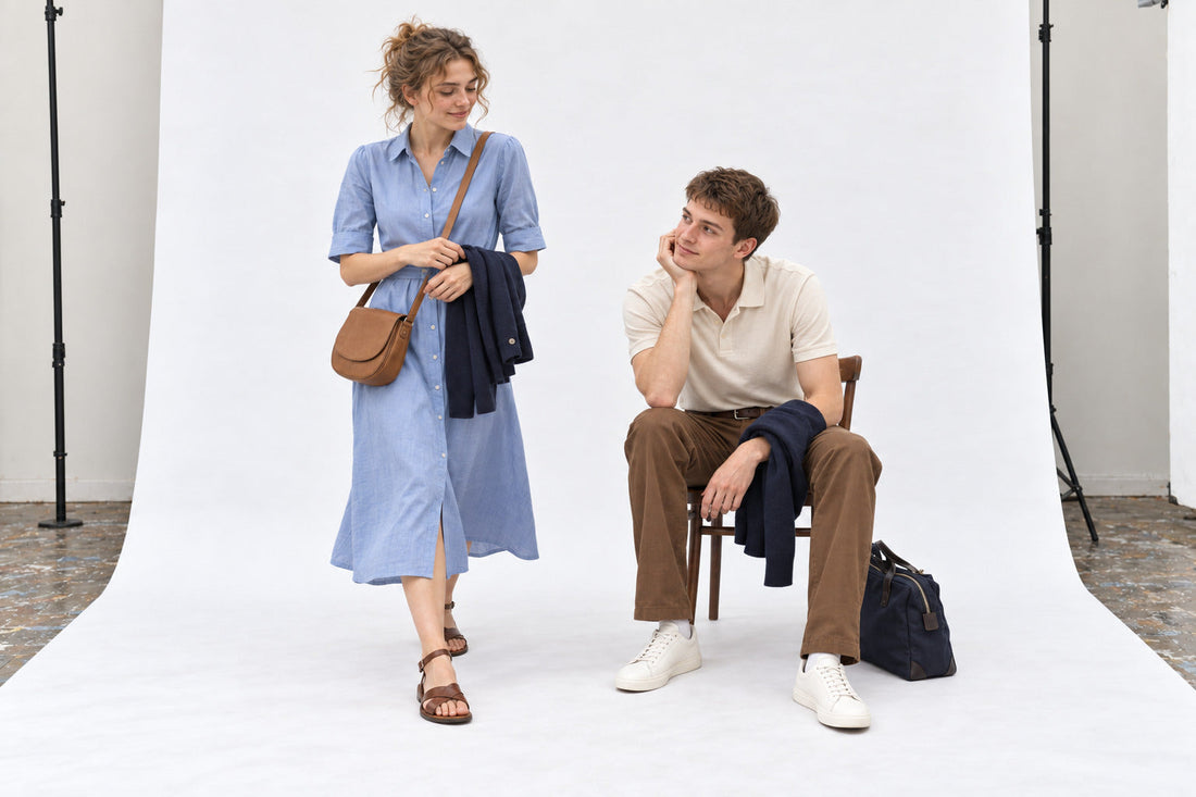 Woman in a blue shirtdress and flat sandals beside a man in an ecru polo and tobacco chinos, in the white studio.