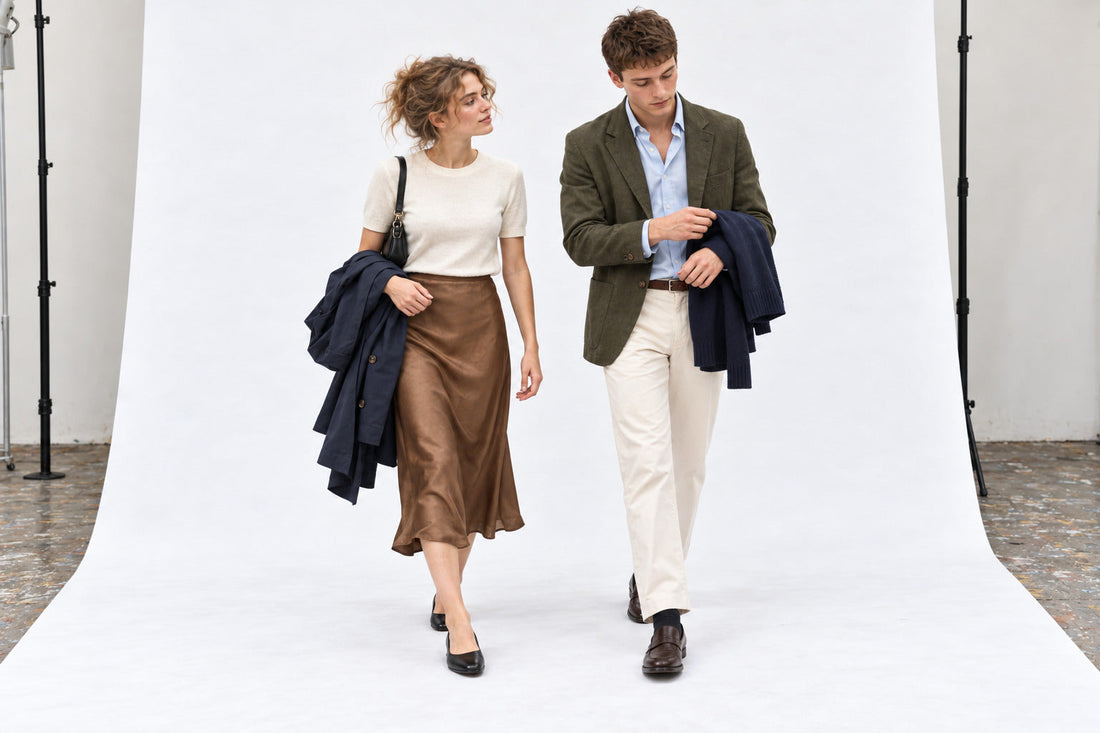 Woman in a bronze silk skirt and ivory knit beside a man in an olive blazer and cream trousers, in the white studio.