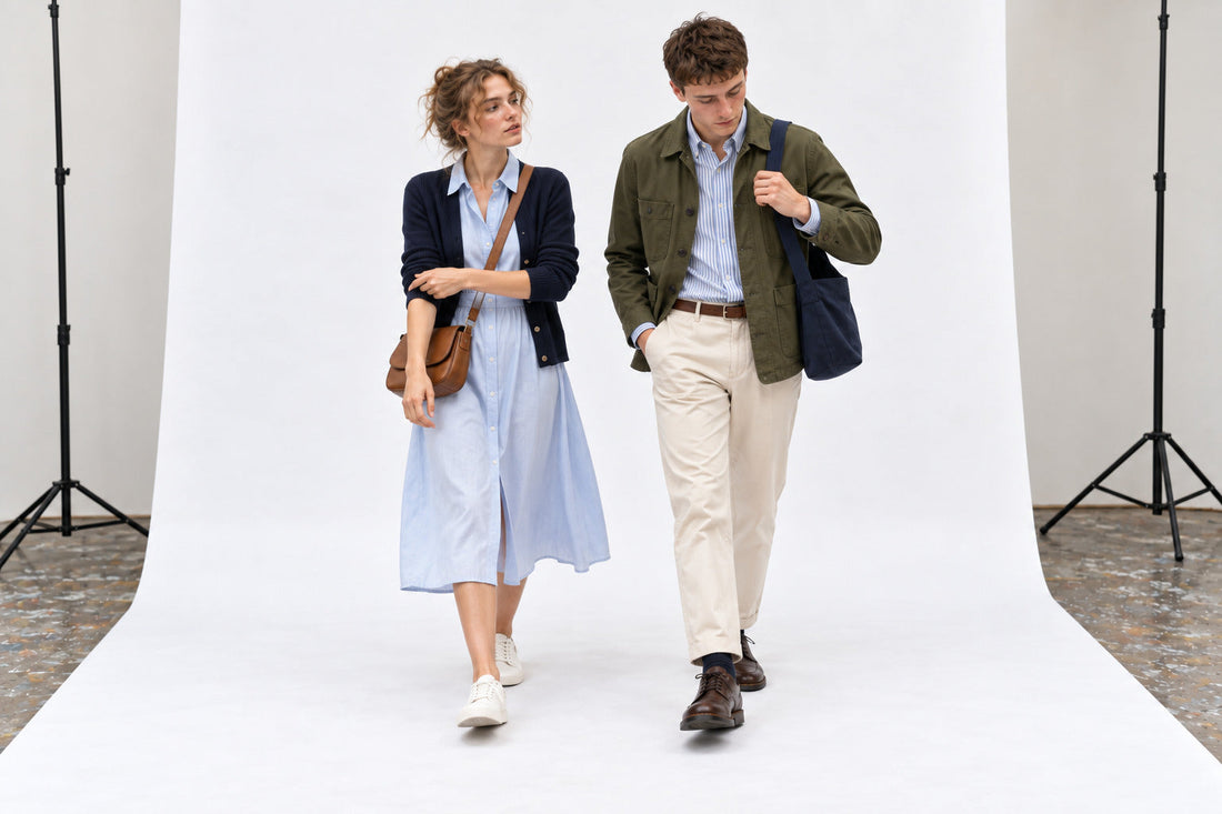 Woman in a pale-blue shirtdress and navy cardigan beside a man in an olive chore jacket and stone chinos.