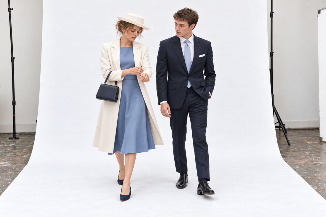 Woman in a blue dress, ivory coat and hat beside a man in a navy suit with pale-blue tie, in the white studio.