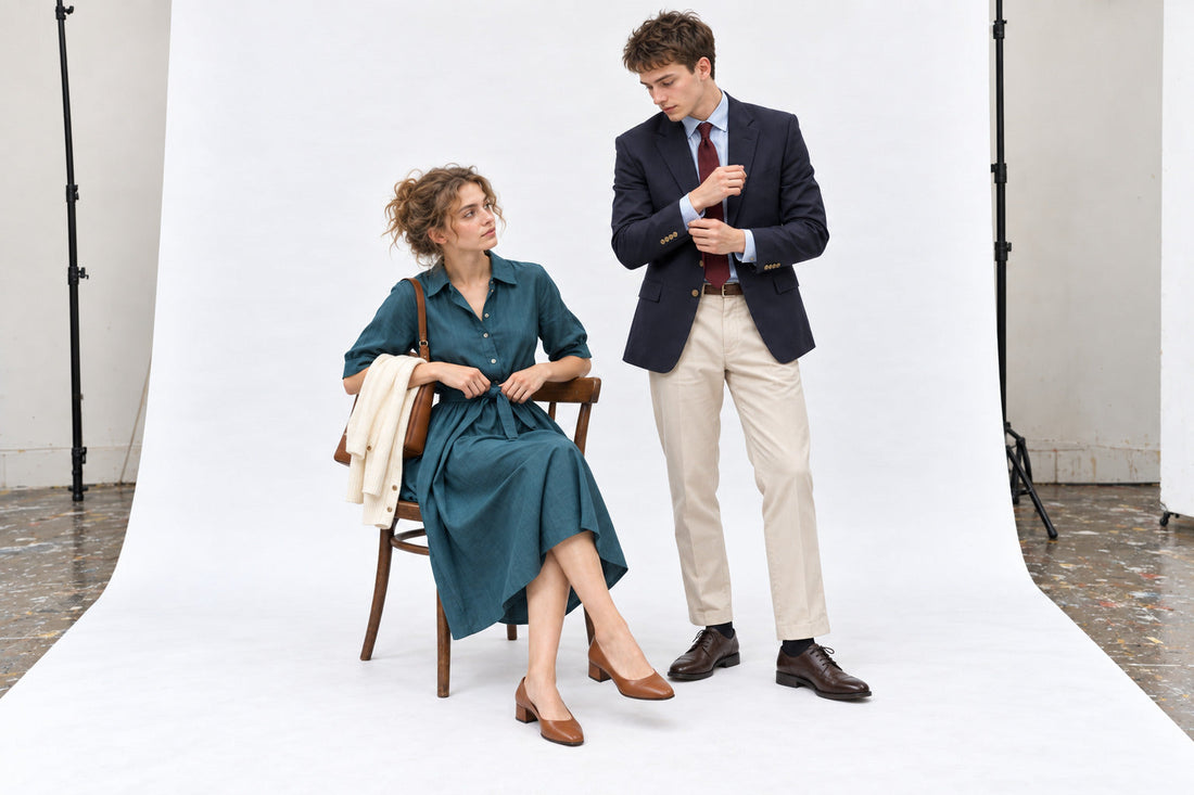 Woman seated in a teal shirtdress and tan low heels beside a man in a navy blazer, burgundy tie and stone trousers.