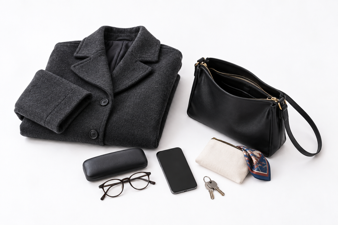 A warm charcoal coat, compact evening bag, glasses, phone, keys and a clean pouch for a silk scarf.