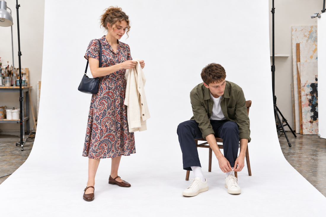 Chelsea outfit ideas: a printed dress with flats and an olive overshirt with navy trousers