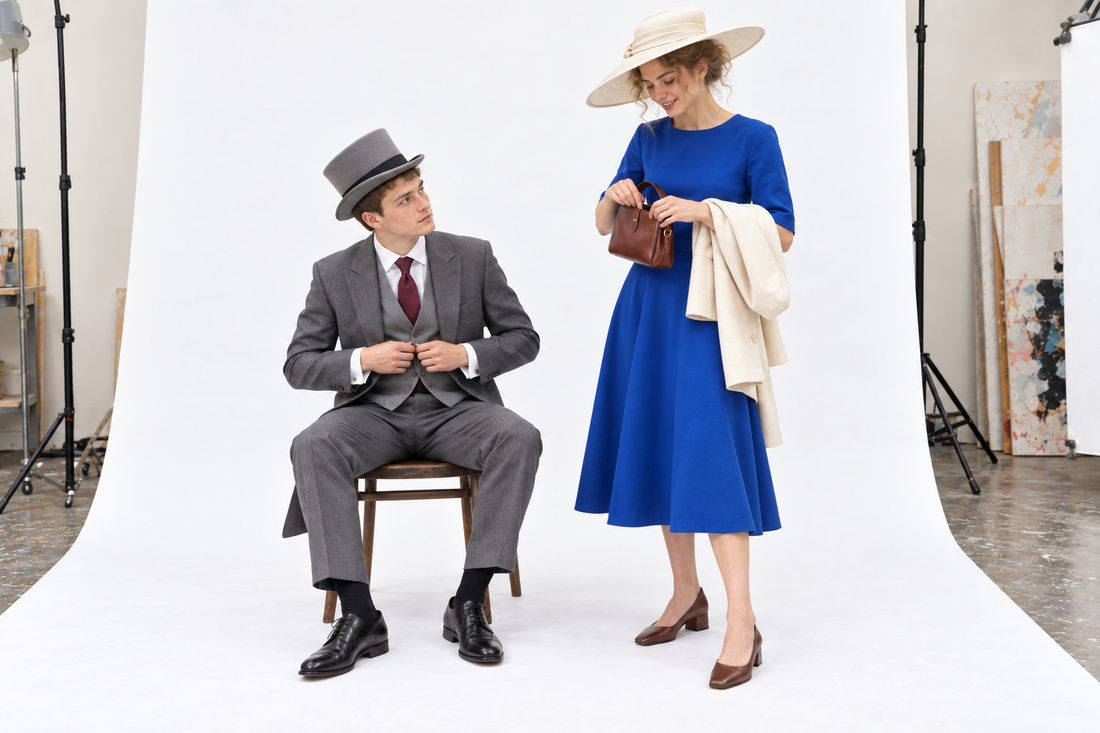 Woman checking a compact bag with a cobalt midi dress and cream coat beside a seated man in grey morning dress.