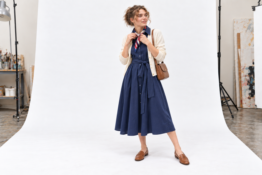 Red, cream and blue silk square with a navy dress, tan flats and a compact shoulder bag