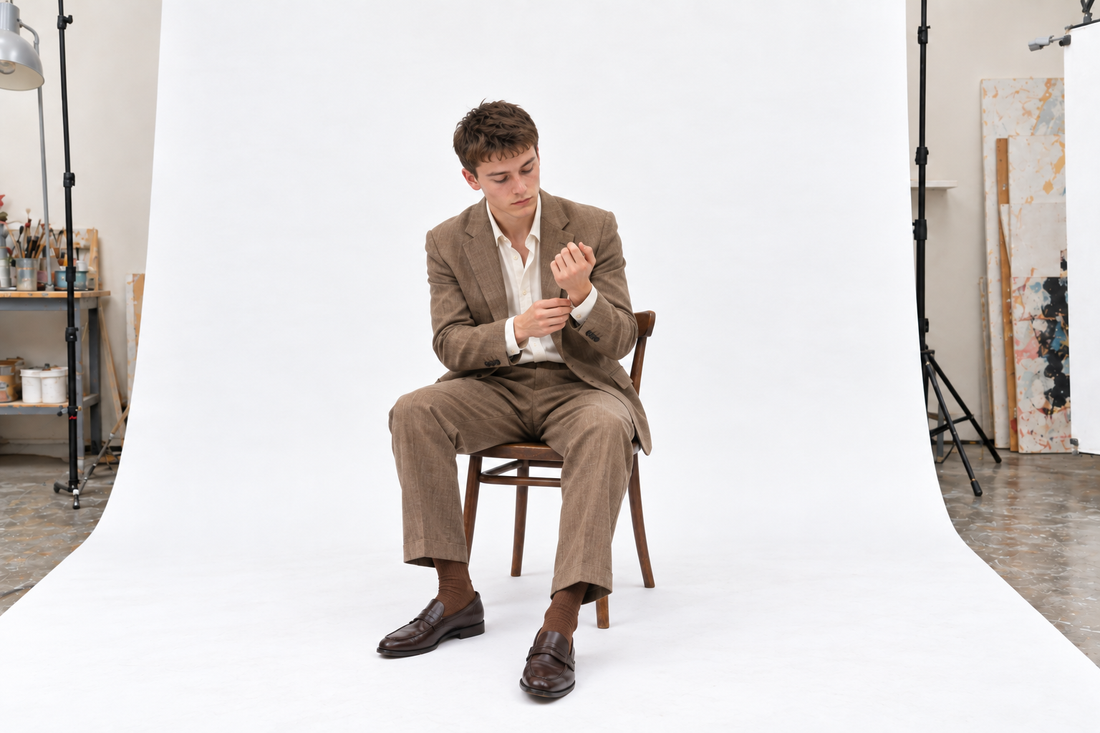 Muted tobacco summer suit with an ivory shirt and brown loafers