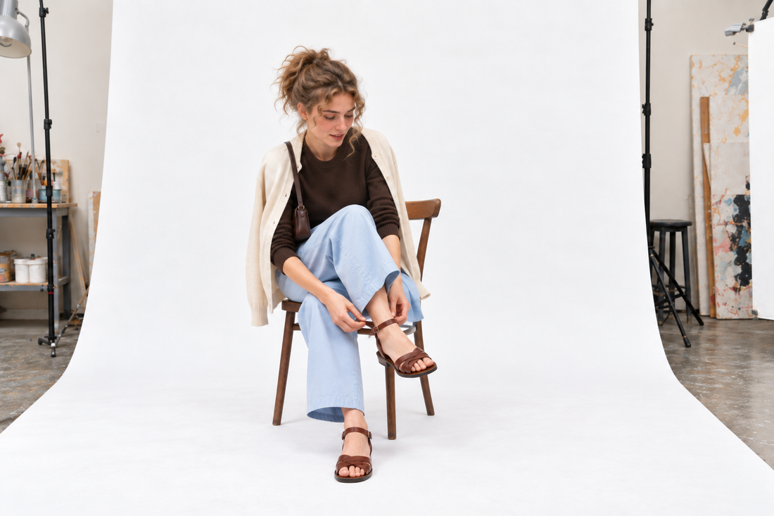 Chocolate knit and pale blue trousers with brown flat sandals and a cream cardigan