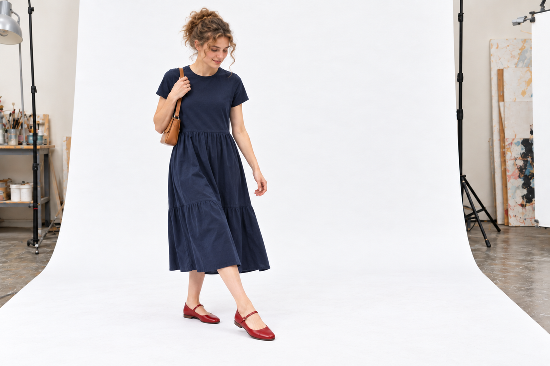 Woman testing a step in red leather Mary Jane flats with a navy cotton midi dress.