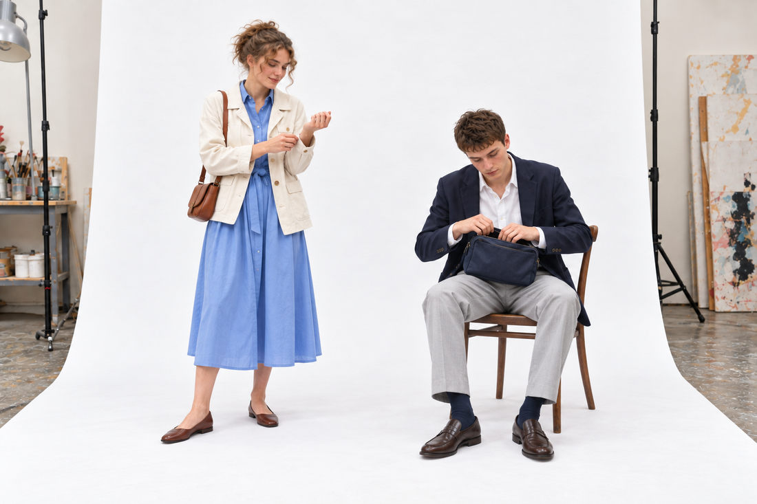 Woman in a blue cotton dress and light jacket beside a man in a collared shirt, navy jacket and grey trousers.
