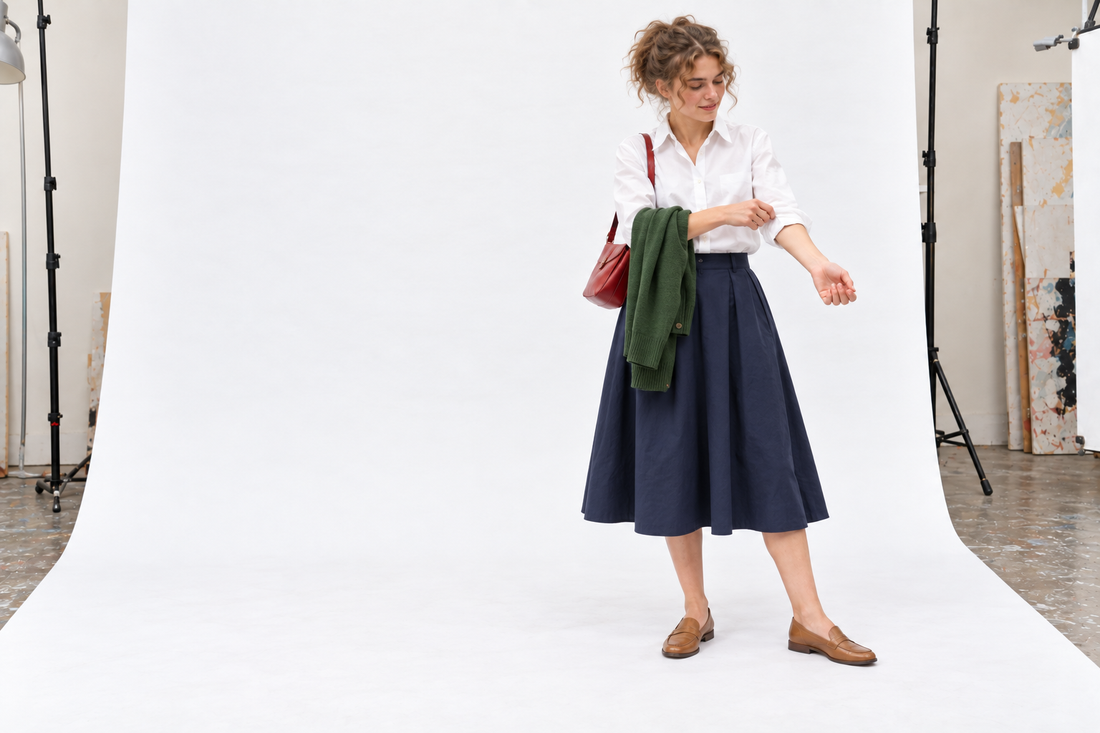 White cotton shirt and navy A-line skirt with tan flats and a removable fine cardigan.