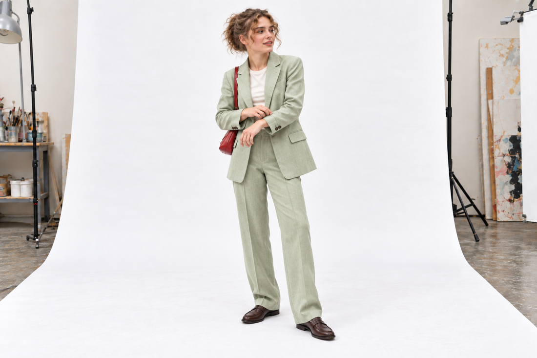 Pale green trouser suit with an ivory top, brown loafers and a small red bag