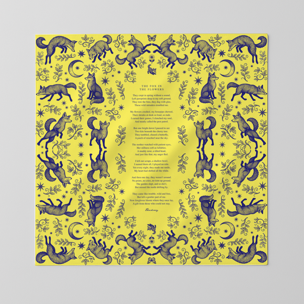 The Fox in the Flowers – Limited Edition Designer Silk Scarf by Thackray